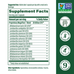 MegaFood MegaFlora bottle back label detailing strains and allergen-free claims