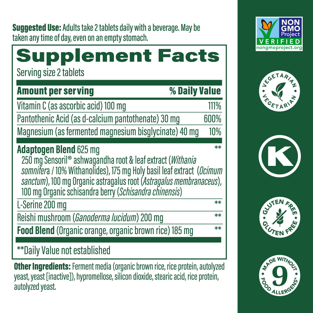 Close-up of MegaFood Adrenal Strength tablets highlighting the magnesium and ashwagandha blend.