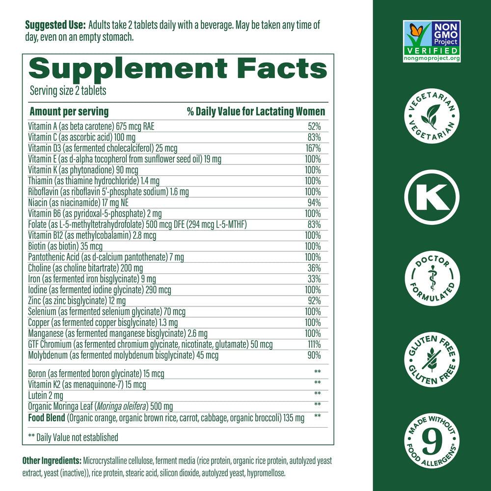 Box and bottle display of MegaFood Baby & Me 2 Postnatal Vitamins