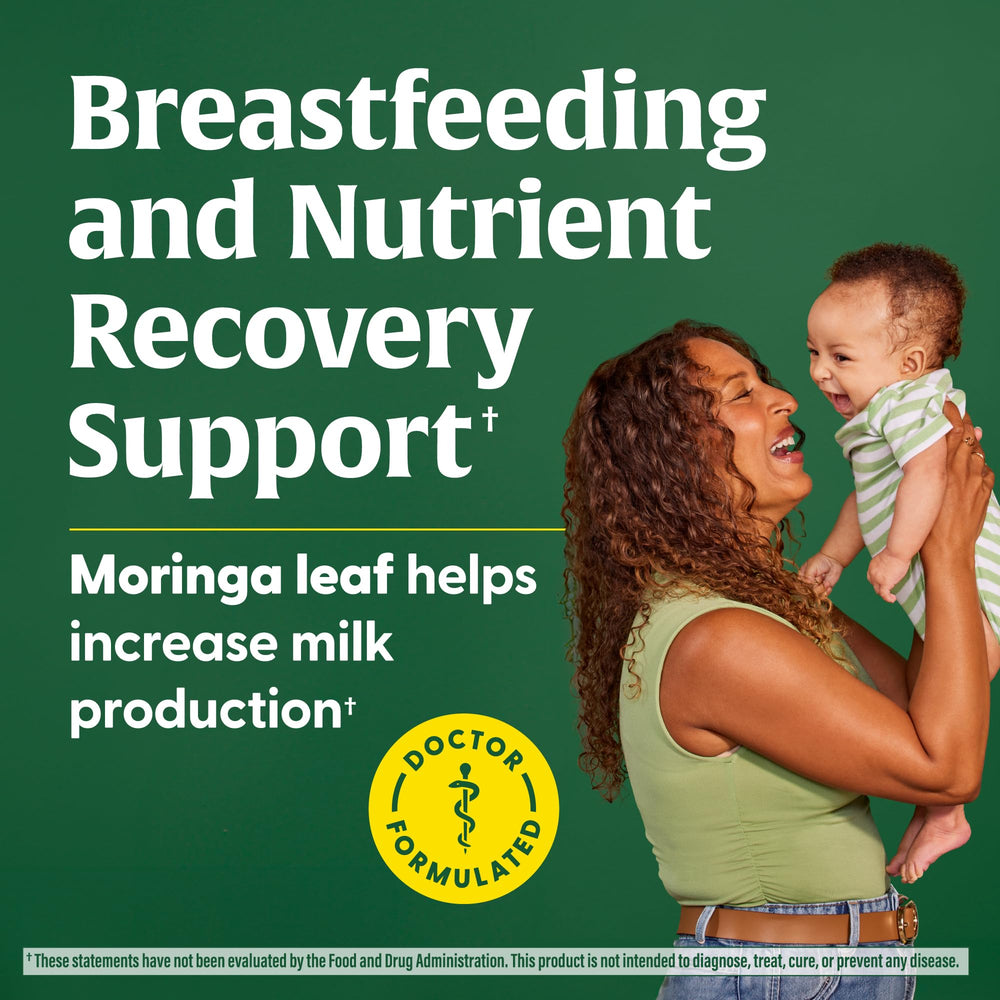 Close-up of bottle label showing postnatal vitamins for breastfeeding