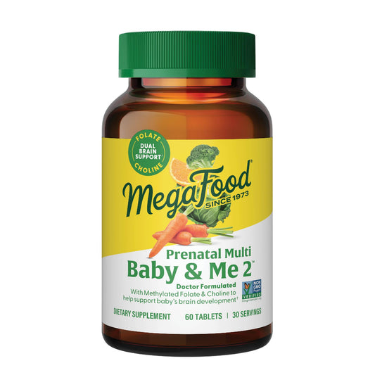 MegaFood Baby & Me 2 Prenatal vitamin bottle on white background