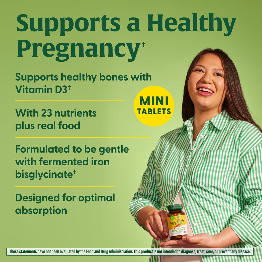 Nutritional label and serving information for MegaFood Baby & Me 2 Prenatal Mini