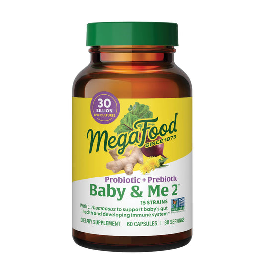 Front-facing MegaFood Baby & Me 2 Prenatal Probiotics bottle with 60 capsules