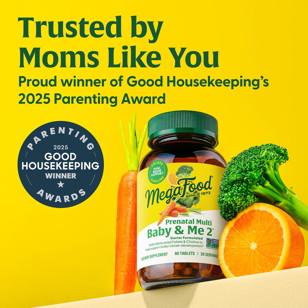 Close-up of Baby & Me 2 prenatal vitamin bottle label