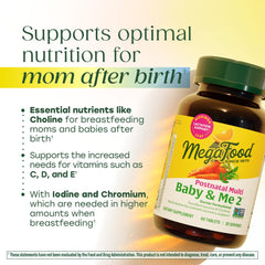 MegaFood Baby and Me 2 label highlights folate, choline, and iodine for moms.