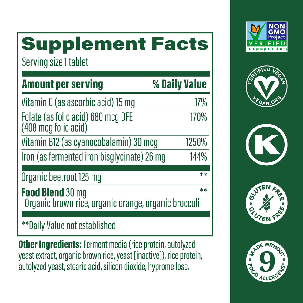 Back label view of MegaFood Blood Builder bottle