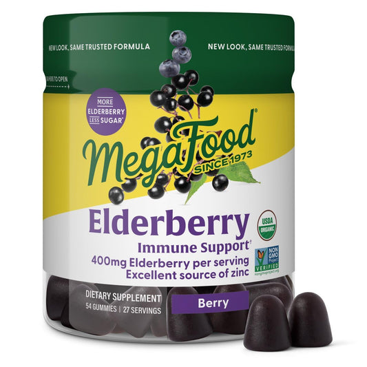 MegaFood Elderberry Immune Support Gummies bottle front on white background