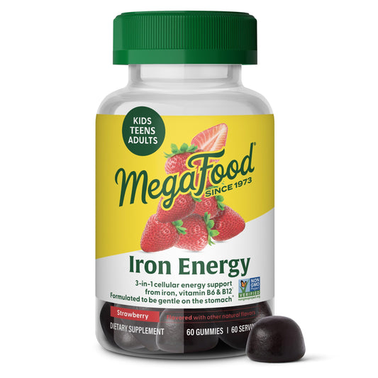 Front view of MegaFood Iron Energy Gummies bottle, 60 count