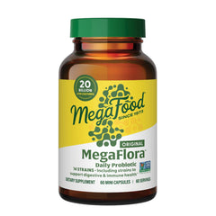 Hero image of MegaFood MegaFlora Probiotic bottle with 60 mini capsules