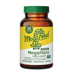 Bottle of MegaFood MegaFlora Probiotic with 90 mini capsules