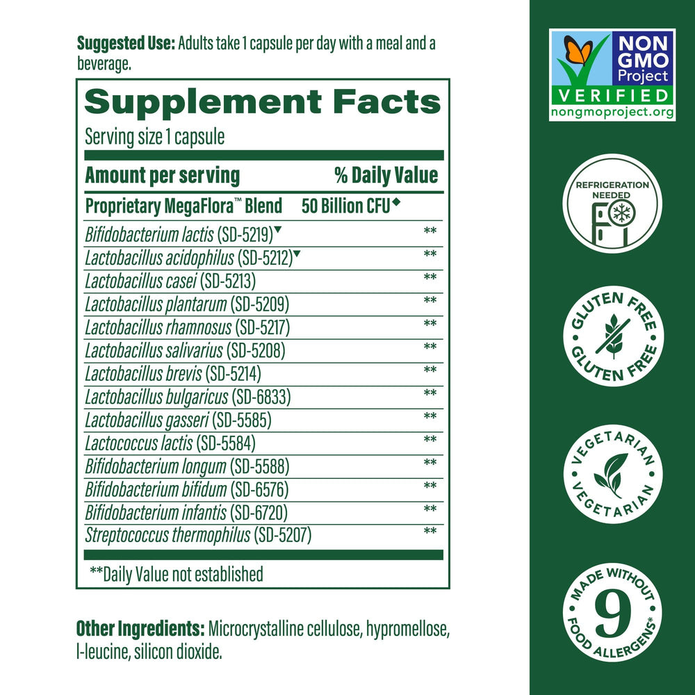 Close-up of MegaFood MegaFlora Probiotic Plus bottle (60 capsules)