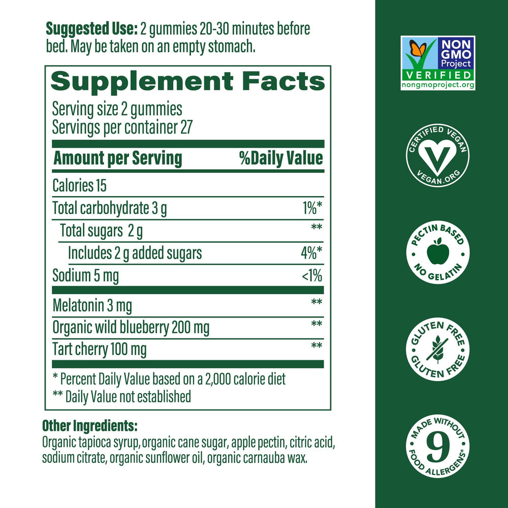 Nutrition label showing 3mg melatonin per serving