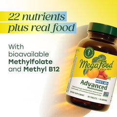 MegaFood Men's 40+ real-food ingredients visual with broccoli, carrot, and orange