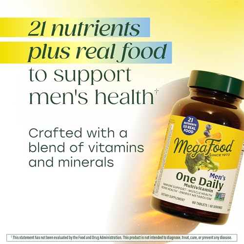MegaFood One Daily Men's Multivitamin real-food per serving concept, featuring blueberry, orange, and broccoli.