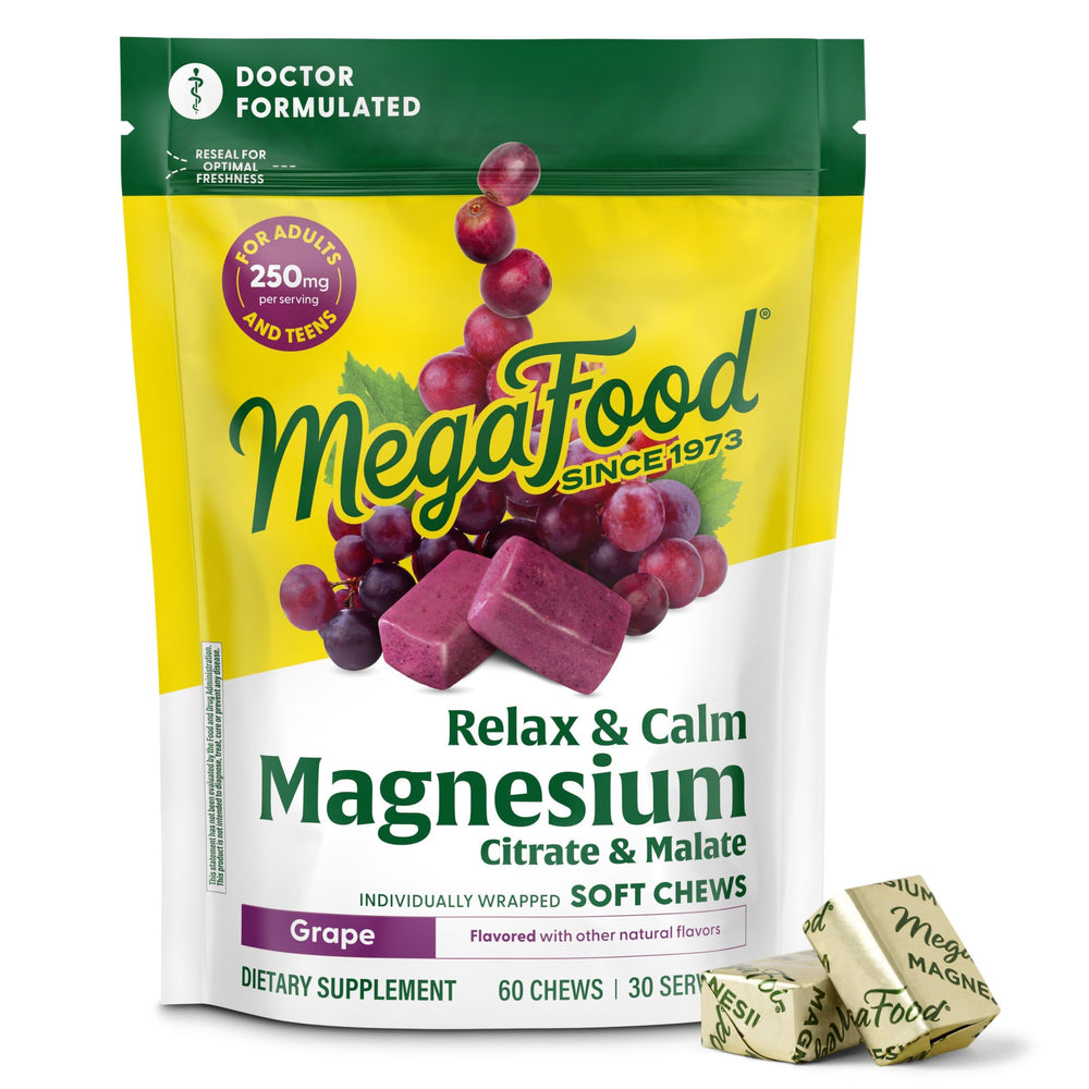MegaFood Relax + Calm Magnesium Grape Soft Chews bottle - 60 chews
