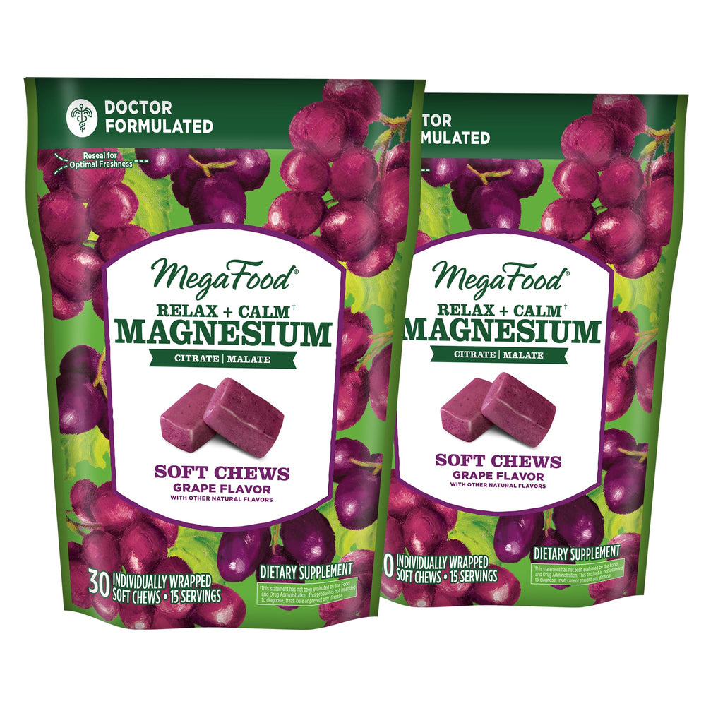 Front view of MegaFood Relax + Calm Magnesium Soft Chews in grape flavor