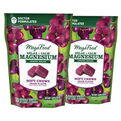 Front view of MegaFood Relax + Calm Magnesium Soft Chews in grape flavor