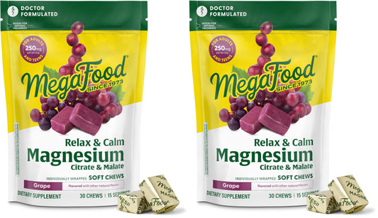 Front packaging of MegaFood Relax + Calm Magnesium Soft Chews grape flavor two-pack