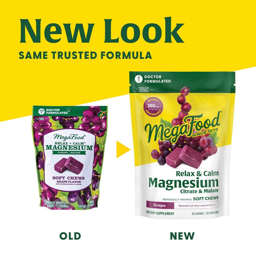 Ingredient and nutrition information on MegaFood Relax + Calm Magnesium packaging