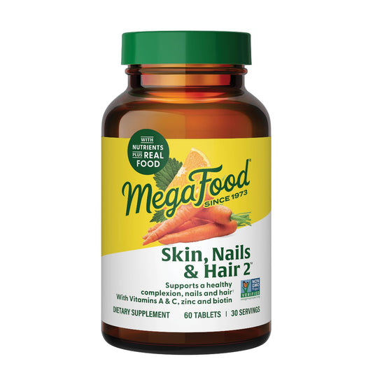 Front view of MegaFood Skin, Nails & Hair 2 bottle