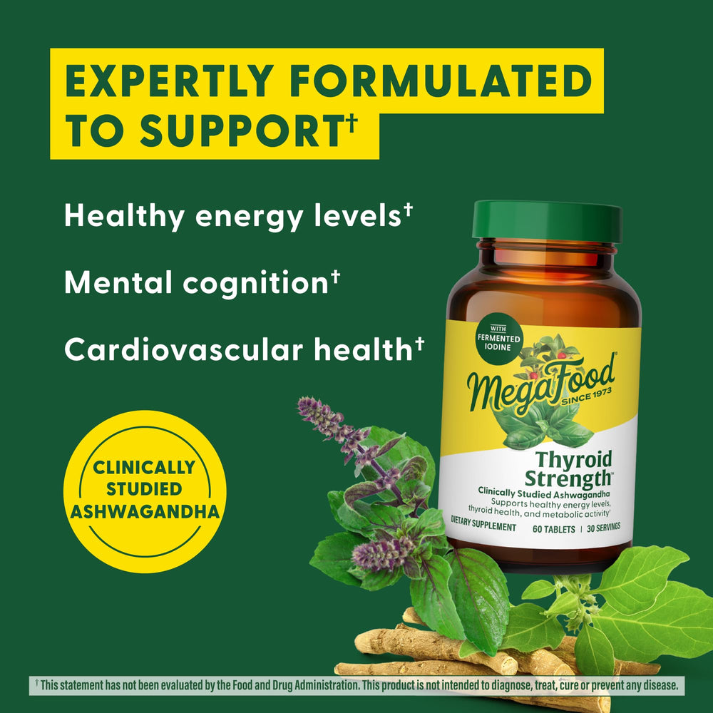 MegaFood Thyroid Strength ingredients close-up highlights iodine, zinc, and selenium.