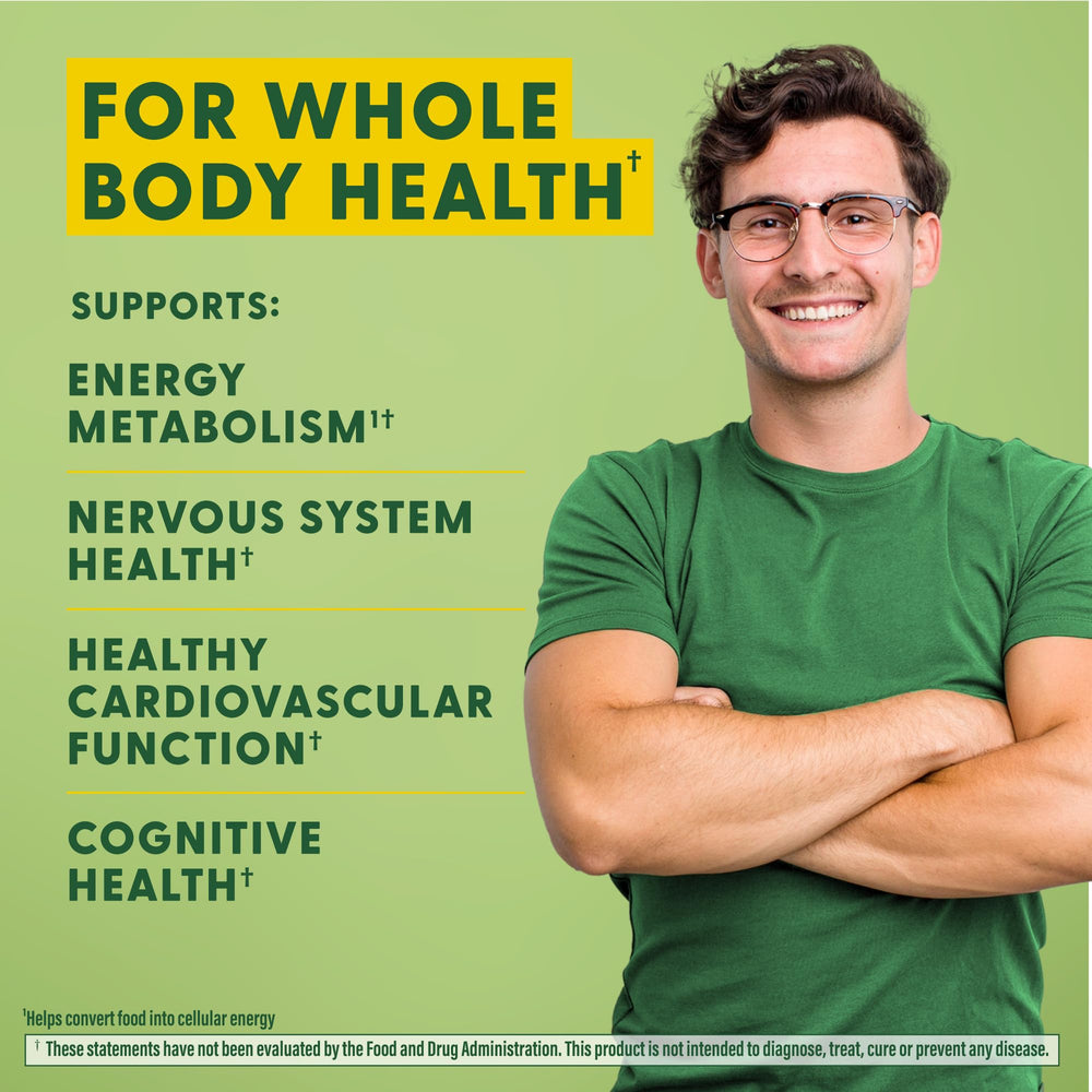 Supplement facts panel highlighting B12, B6 and folic acid
