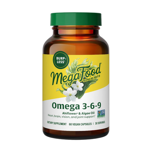 MegaFood Vegan Omega 3-6-9 Burp-Less bottle with 60 capsules