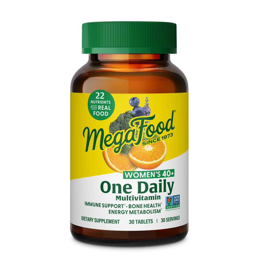 Front view of MegaFood Women's 40+ One Daily Multivitamin bottle with 30 tabs