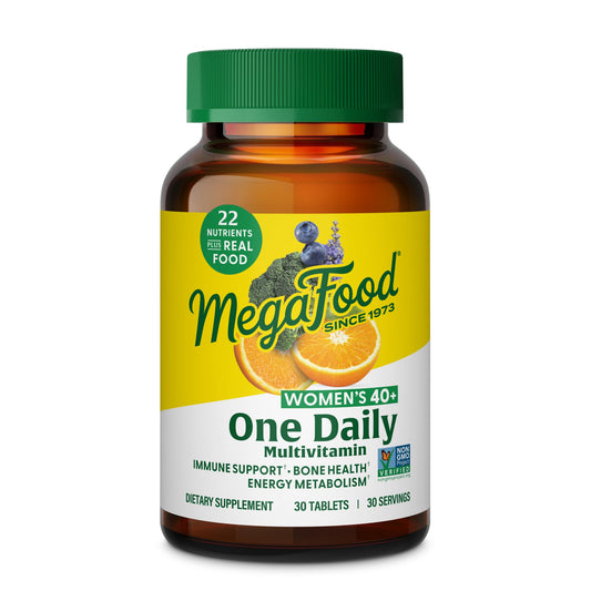 Front view of MegaFood Women's 40+ One Daily Multivitamin bottle with 30 tabs