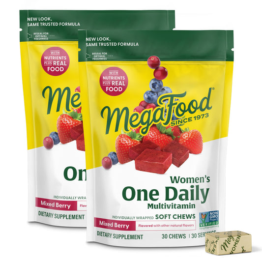 Front view of MegaFood Women\'s One Daily Multivitamin Soft Chews in mixed berry flavor