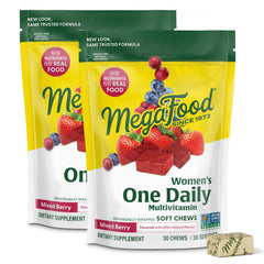 Front view of MegaFood Women\'s One Daily Multivitamin Soft Chews in mixed berry flavor