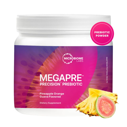 MegPre prebiotic fiber powder in a Pineapple Orange Guava flavor 5.5 oz container