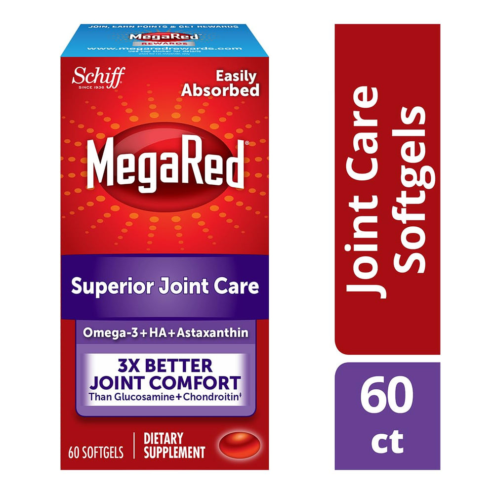 Front view of MegaRed 60 softgels bottle for joint care