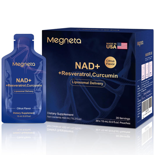 Front view of MEGNETA Liposomal NAD+ with Resveratrol 30-pouch packaging