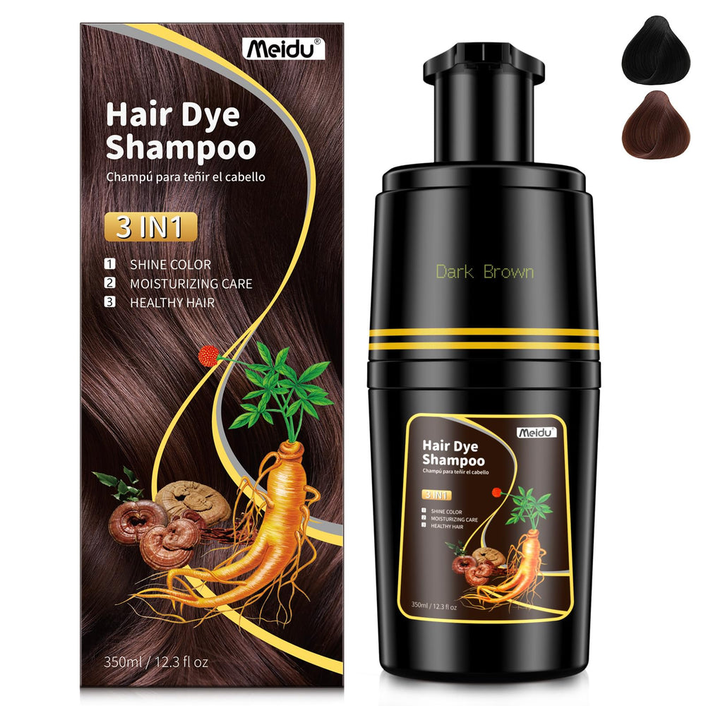 MEIDU 3-in-1 hair dye shampoo bottle for easy gray coverage in dark brown