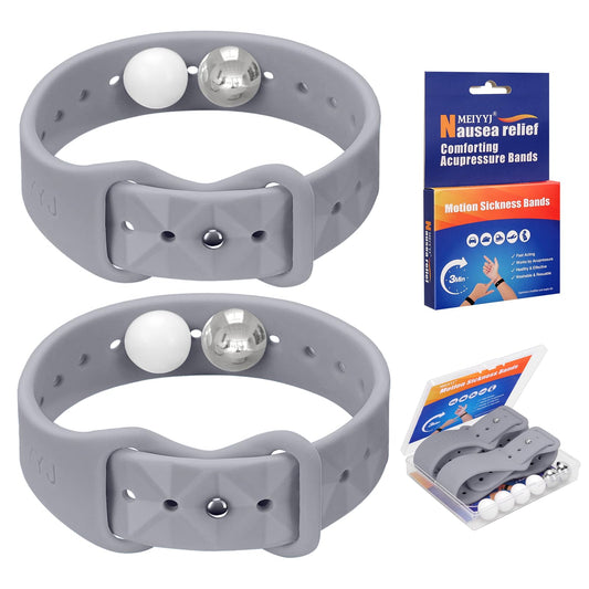 MEIYYJ motion-sickness bands packaging shows travel-friendly relief for adults and kids.