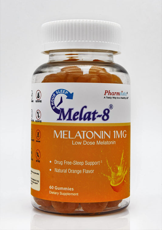 Melat-8 low-dose melatonin gummies bottle with cherry orange flavor label