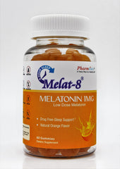 Melat-8 low-dose melatonin gummies bottle with cherry orange flavor label