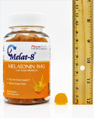Melat-8 gummies packaging showing gluten-free, gelatin-free, allergen-free labels
