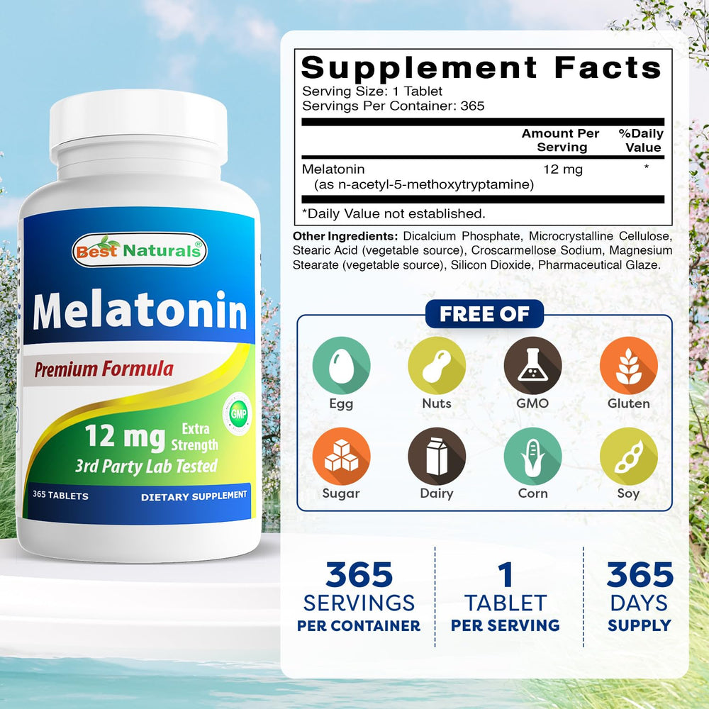 Close-up of Melatonin 12 mg tablets - 365 tablets per bottle