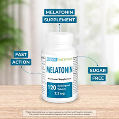 Close-up of melatonin 2.5 mg packaging and tablets