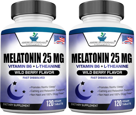 Melatonin 25mg chewable bottle label showing 120-count, pack of 2