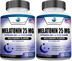 Melatonin 25mg chewable bottle label showing 120-count, pack of 2