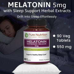 Close-up of Melatonin 5mg label featuring Valeriana wallichii