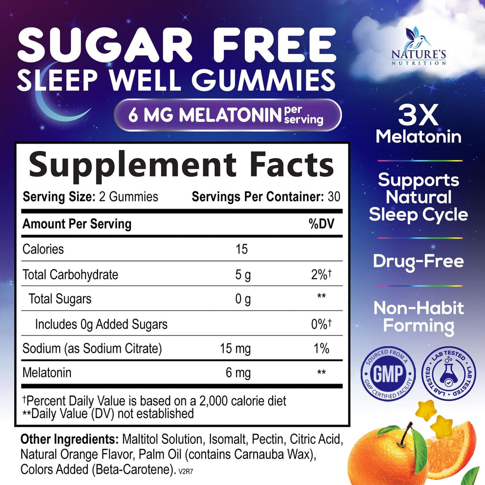 Melatonin Sleep Gummies 6 mg label showing Sugar Free and 60 count