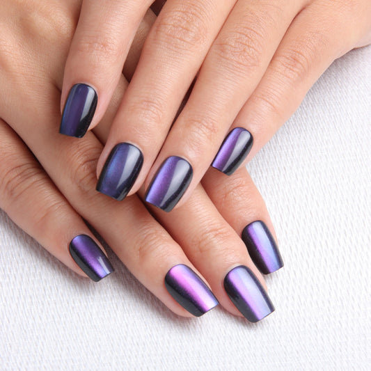 Melines purple cat eye short square nails pack for quick DIY manicures.