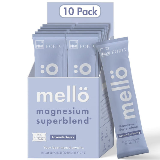 Front view of mellö Magnesium Superblend Powder Lavenderberry flavor