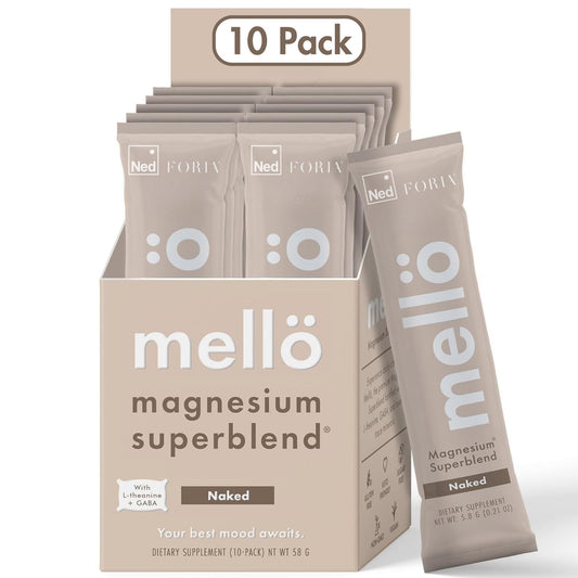 Mellö Magnesium Superblend powder container on a clean surface
