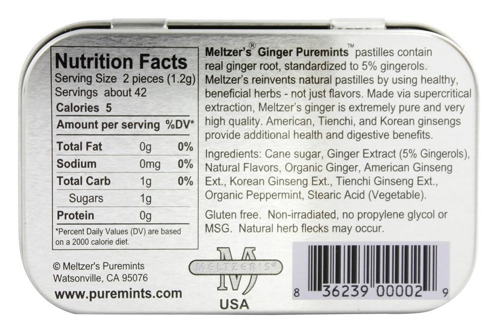 Ginger Puremints packaging with ginseng illustration