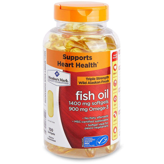Member's Mark Omega-3 Fish Oil bottle front view, 150 softgels